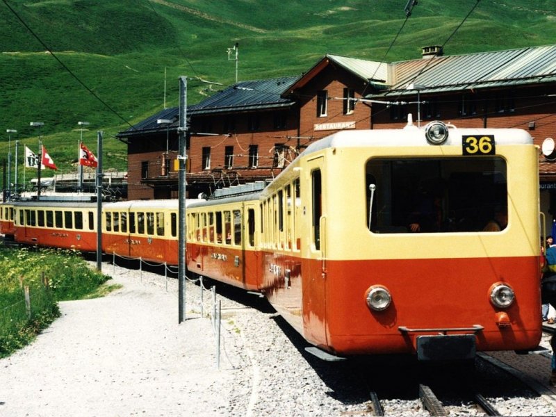 Bt 50, 206 BDhe 2/4 der JungFrauBahn (JB) mit Zug 553 Kleine Scheidegg-Jungfraujoch auf Bahnhof Kleine Scheidegg am 29-07-1995. Bild und scan: Date Jan de Vries.