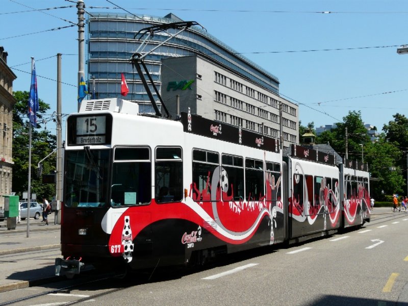BVB - Gelenktram Be 4/8 677 mit Werbung unterwegs auf der Linie 15 am 21.06.2008
