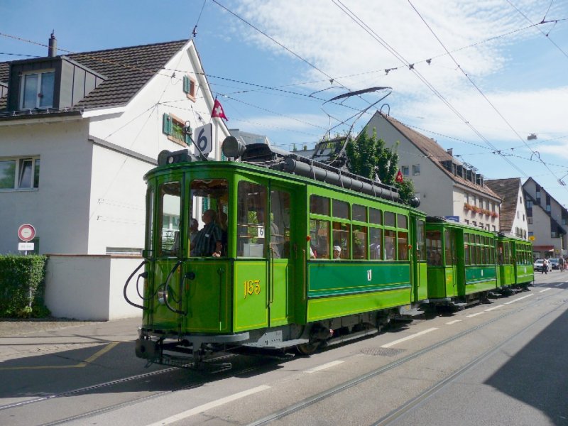 BVB - Oldtimer Tram Ce 2/2 163 mit den Tramanhnger C 371 und C 331 unterwegs in Riehen bei der 100 Jahr Feier der Linie 6  am 10.08.2008