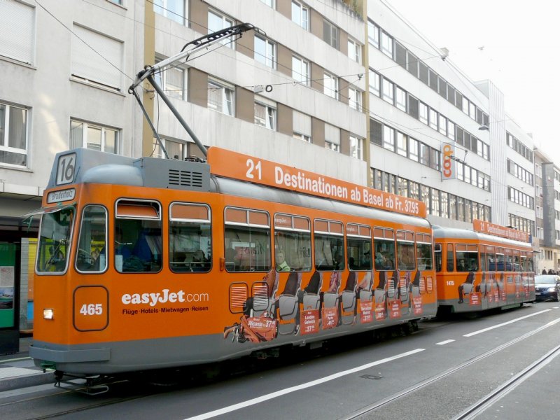BVB - Tram Be 4/4  465 mit Beiwagen B 1475  mit Werbung unterwegs auf der Linie 16 am 19.09.2008
