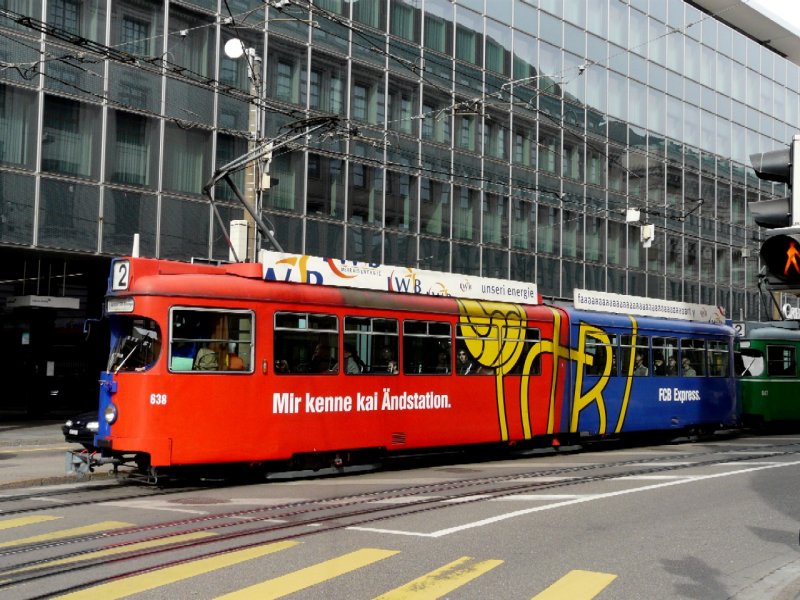 BVB - Tram  Be 4/6 638 mit Werbung fr den FC Basel unterwegs auf der Linie 2 am 15.03.2008