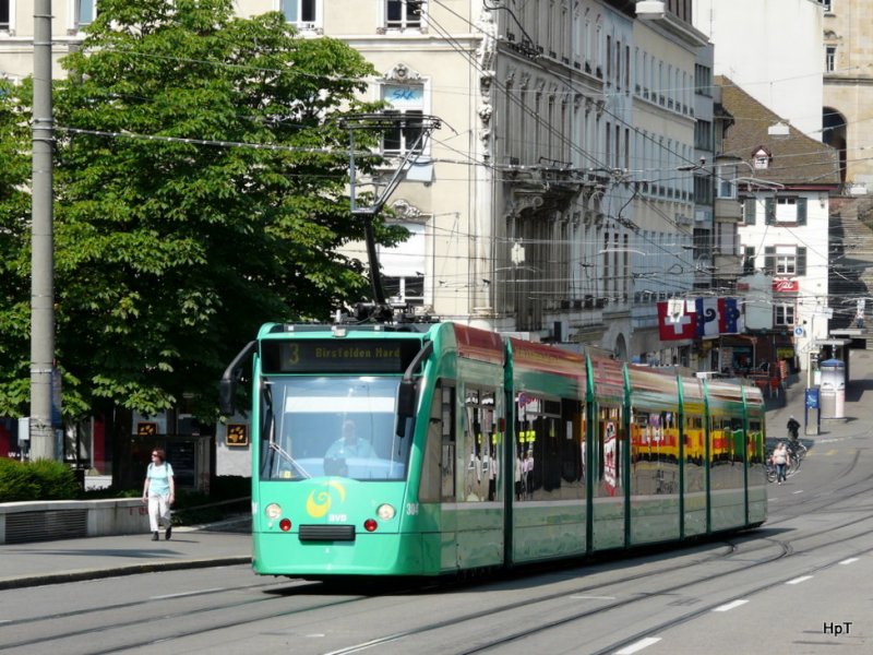 BVB - Tram Be 5/6 304 unterwegs auf der Linie 3 in der Stadt Basel am 28.06.2009