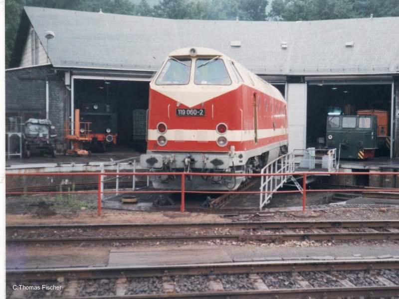 Bw Probstzella 1990 . Auf der Drehscheibe die 119 060 im Lokschuppen eine 095 und Dieselfahrzeuge. 