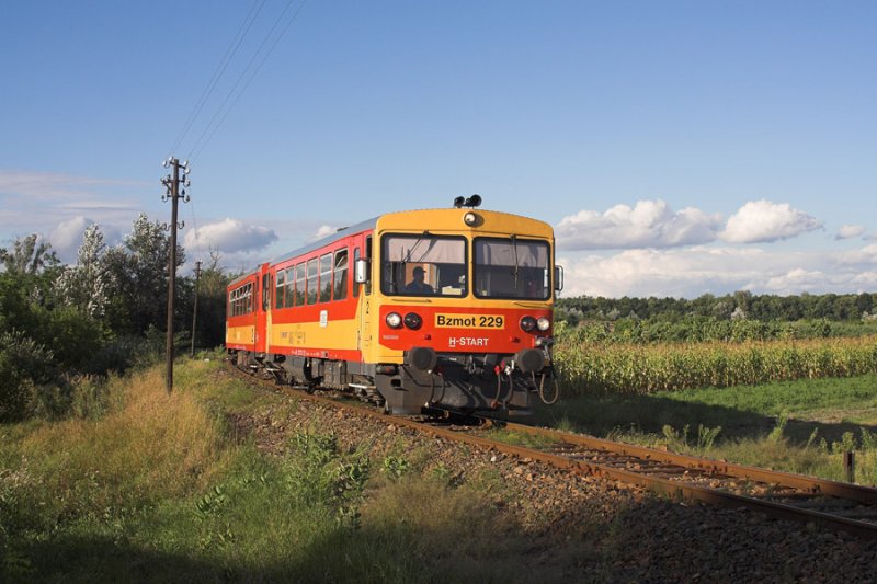 Bzmot 229 kurz nach Verlassen des Haltepunktes Tiszaalpr felső. Der Zug ist nach Kiskunflegyhza unterwegs.