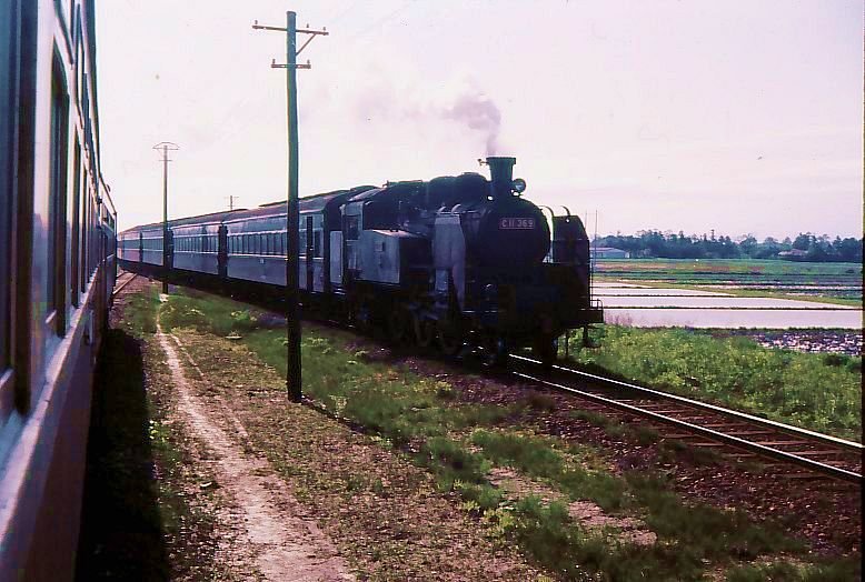 C11: Einfahrt der C11 369 mit einem Schülerzug in Kitaura im ländlichen Nordostjapan. 6.Mai 1972.