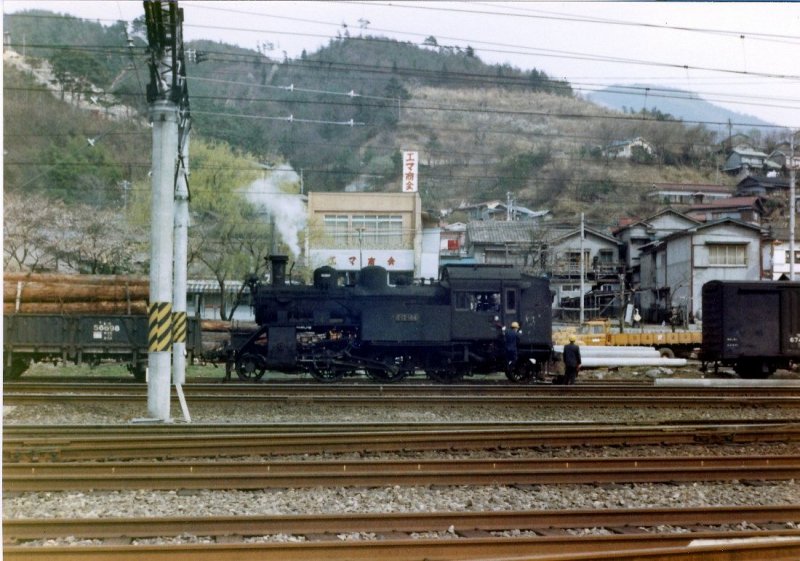 C12: Jetzt beschäftigt sich die C12 164 in dieser stark auf die Holzwirtschaft ausgerichteten Ortschaft entsprechend mit Holztransportwagen. Agematsu, 14.April 1973.