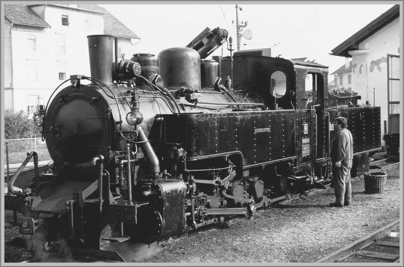 Castle Caereinion Nr. 4 der Zillertalbahn vor dem Depot in Bregenz Vorkloster. Betrieben wurde die Lok von der Eurovapor.
(Archiv H.Graf Juli 1975)