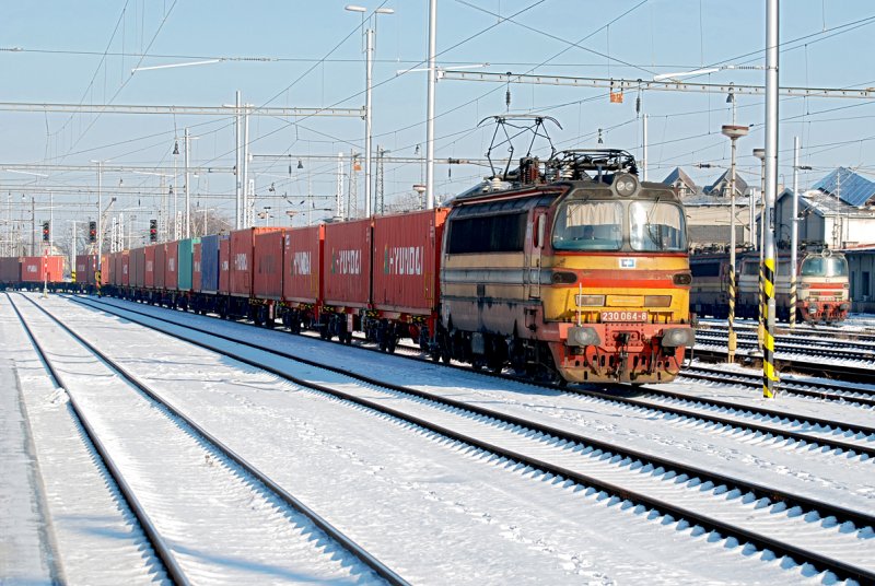 CD 230 064 mit Containerzug am 08.01.2009 bei der Einfahrt in den Bahnhof in Breclav.