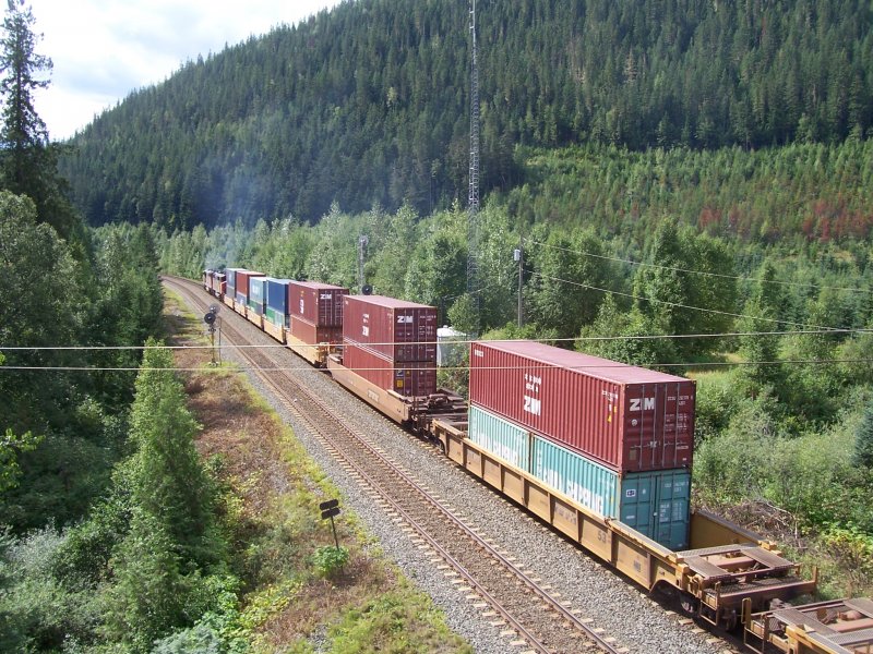 CN Containerzug Nhe Blue River/British Columbia Richtung Kamloops/BC am 22.08.2008, Ausweichstelle am Thompson River (Bild 1, Blick fluabwrts)