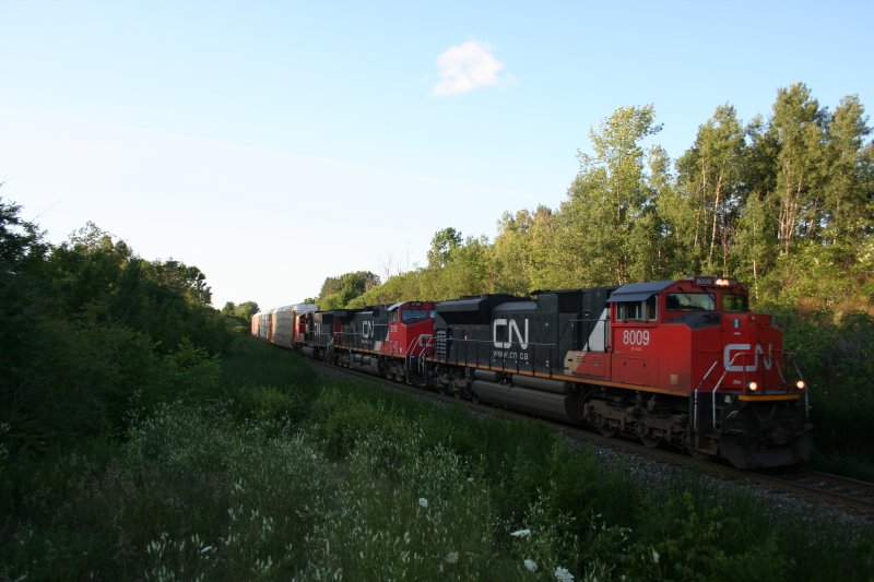CN- Gterzug mit SD70M-2 8009, C44-9W 2709 und SD75I 5745 am 6.8.2009 an der Mile 30 in Milton,ON.