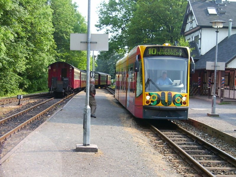 Combino mit Dieselantrieb im Bahnhof Ilfeld der Harzquerbahn, links der Dampfzug nach Nordhausen, Sommer 2005