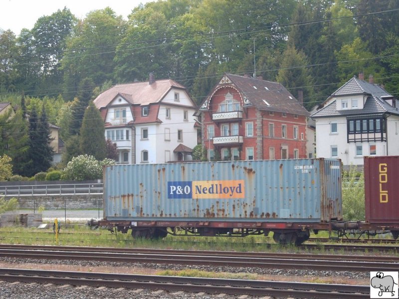 Containertragwagen #442 6 856-1 beladen mit einen Container der Firma  P&O Nedlloyd , abgestellt am 12. Mai 2008 in Kronach.