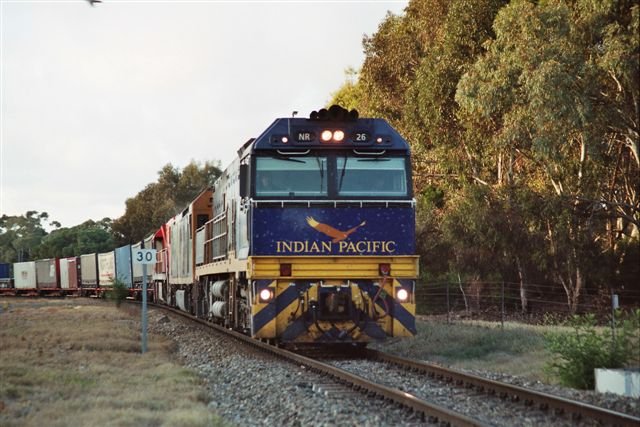Containerzug mit drei Lokomotiven kurz vor North Adelaide (SA) am 3. Oktober 2006. Die zugfhrende Maschine NR 26 ist eine der drei Maschinen mit dem vornehmen Anstrich des  Indian Pacific  whrend die rote Zuglok NR 75 im Farbkleid des  The Ghan  prangt. Im  Sandwich  zwischen den beiden NR-Class luft eine AN-Class im Anstrich von National Rail. Die legendren Fernzge  Indian Pacific  Sydney-Perth sowie  The Ghan  Adelaide-Darwin werden von der Great Southern Railway betrieben und mit Loks aus der 120 Stck umfassenden NR-Class von National Rail bespannt. Da jedoch fr diese Reisezge keine speziellen Umlufe bestehen, trifft man die farblich entsprechenden Loks vielfach an Gterzgen, whrend die Expresszge auch mit  normalen  NR gefahren werden.   