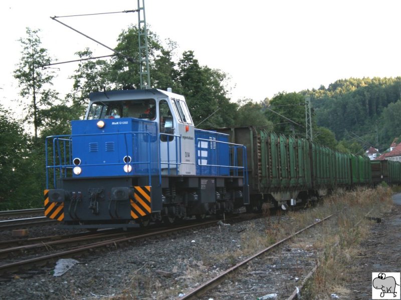 D 04 der Regentalbahn holte am Abend des 21. Juni 2008 fertig beladene Holzwaggons am Ladegleis in Kronach ab.