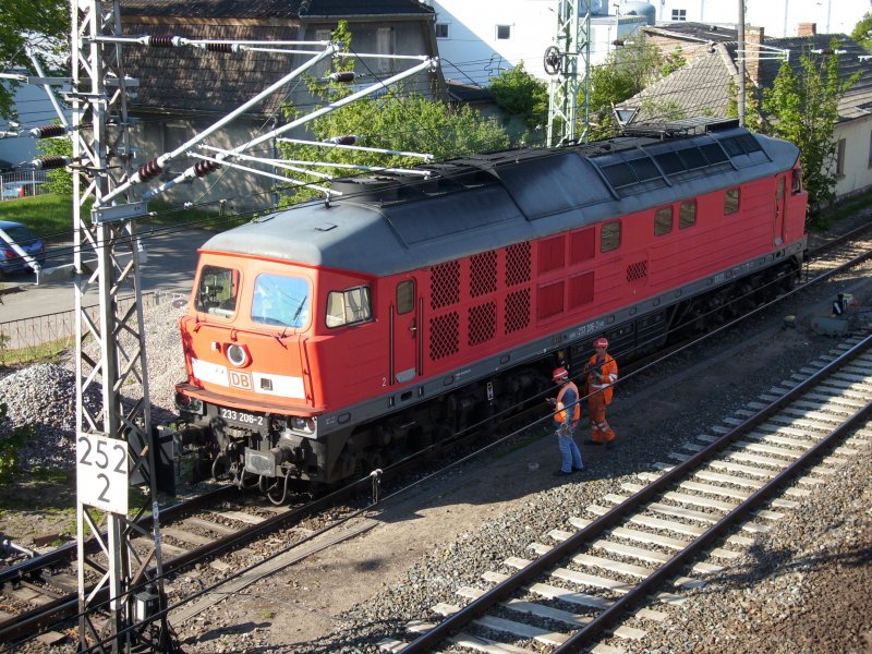Da der Bahnhof Bergen/Rgen seit Jahren kein Rangierpersonal mehr hat,kam am 13.Mai 2009 das Rangierpersonal mit der 233 206 gleich mit.