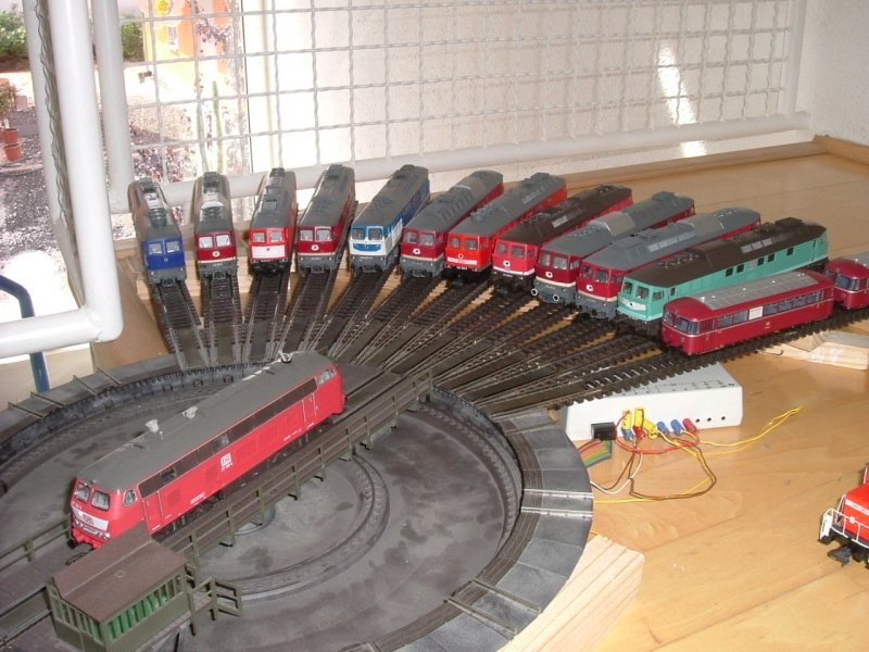 Da ich keine Anlage besitze hatte ich dieses Wochenende eine Teppichanlage aufgebaut! Hier ist die Drehscheibe zu sehen und einige BR 232 (v.l. Roco Werbelok (AC), 232 100 (AC, Sound), 232 902 (AC, Sound), 232 382 (AC, Sound), 232 037 Sonderlackierung Ei.L.T (AC, Sound), 132 105 (AC), 232 333 (AC, Sound), 232 683 (AC, Sound), 132 201 (AC), 132 256 (AC), 234 304 (AC, Sound)), auf der Bhne steht noch 217 016 (AC) und ein Schienenbus von Mrklin ist auch noch dabei! Die DC Loks werden nach und nach von mir auf AC umgebaut! (08.07.2007)