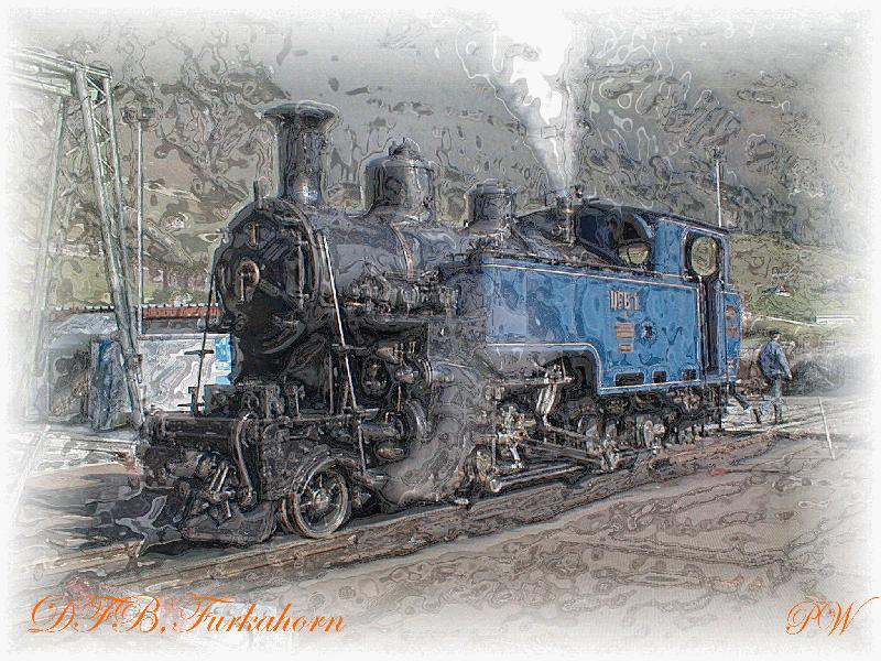 Dampfbahn Furka Bergstrecke (DFB) Lok HG 3/4 No.1 Furkahorn  auf der Drehscheibe in Realp (Bild verfremdet mit  Picture it )
