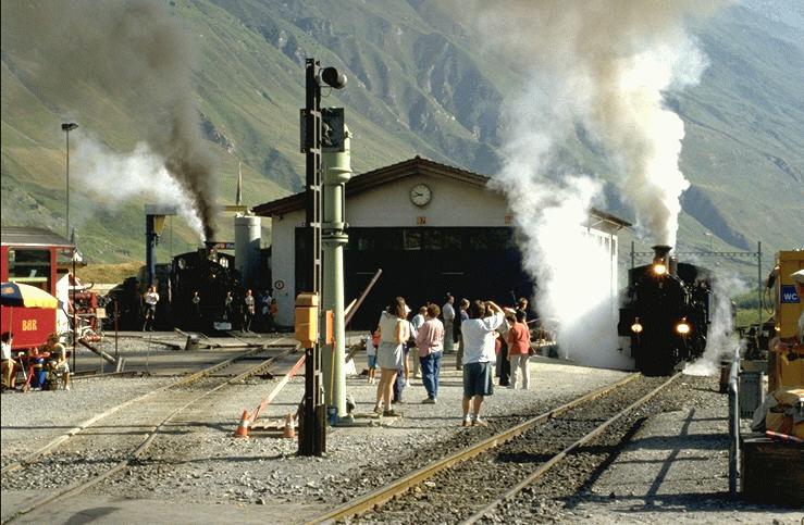 Dampfbahn Furka Bergstrecke,Dampf in Realp im Sommer 2001