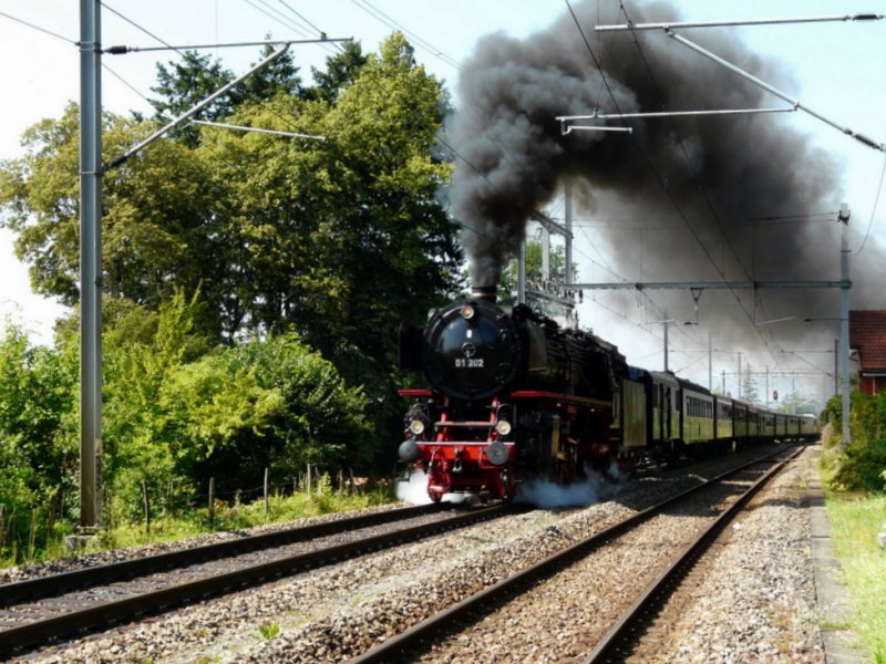 Dampfextrazug mit der 01 202 und 10 Personenwagen sowie der BLS Ae 6/8 205 als Schiebelok unterwegs in Biel/Bienne am 04.07.2009