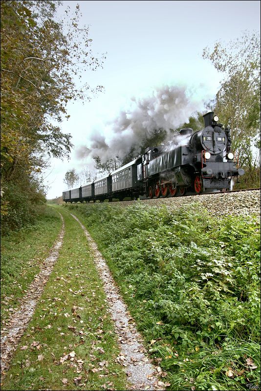 Dampflok 77.28 mit dem Fotozug 91159 von Attnang-Puchheim nach Hausruck. Bergern 21.10.2009