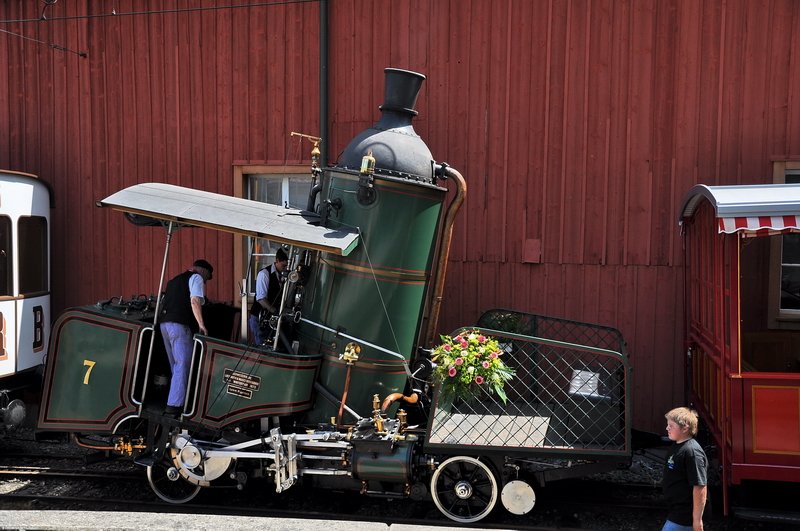 Dampfloktreffen Goldau 24.Mai 2009. Auch die blitzende Lok Nr.7 braucht mal eine Mittagspause, sie ist ja immerhin schon 136 Jahre alt. Und natrlich ist auch das Personal froh, an diesem sehr heissen Sonntag, sich kurz im Schatten auszuruhen. 