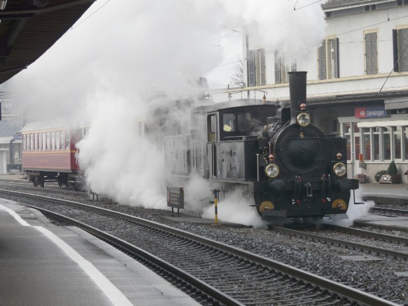 Dampfzug mit der OeBB mit den Dampfloks E 3/3 4 * SCHWYZ * und der Ed 2/4 35 sowie den OeBB Personenwagen WR 401 und As 413 im Bahnhof von Oensingen bei Abfahrt nach Olten  am 30.12.2007