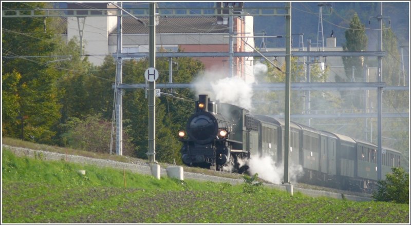 Dank dem Kreuzungshalt in Chur schaffte ich es mit dem Fahrrad dem Rhein entlang von Felsberg nach Haldenstein, wo ich den 9259 nochmals ablichten konnte. G 4/5 107 zwischen Chur Wiesental und Haldenstein. (05.10.2008)