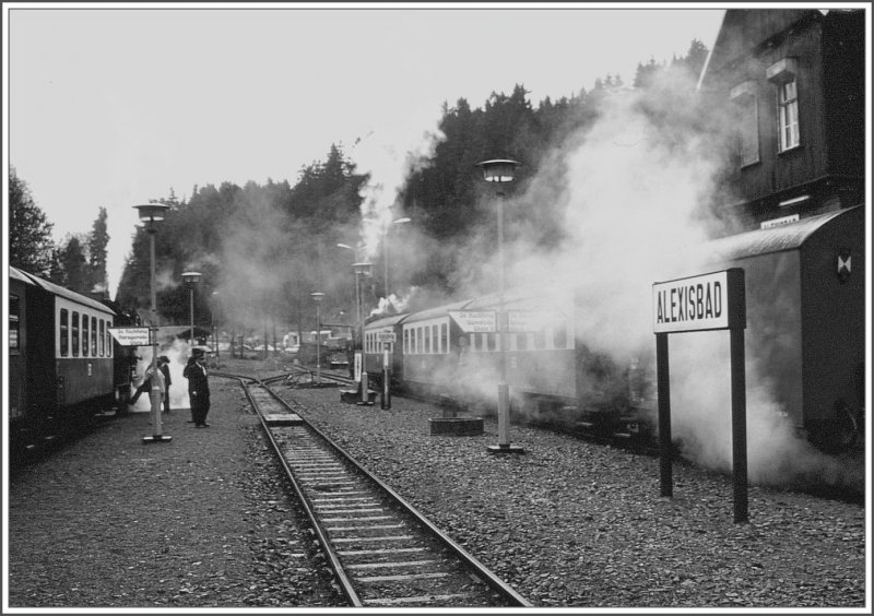 Danpfz�ge nach Stiege und Harzgerode warten auf die Weiterfahrt in Alexisbad. (Archiv 12/94)