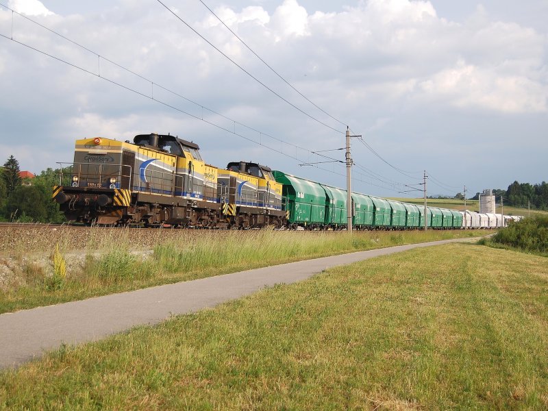Darauf habe ich lange gewartet.Am 01.06.2008 war es soweit:
Der Kalkzug 61036 ist mir mit den beiden Dieselloks
1504 002 + 1504 001 in Wartberg/Kr. vor die Kamera gefahren.