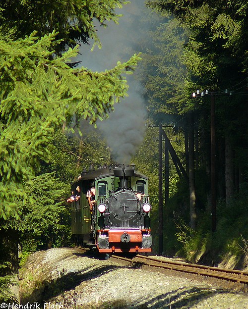 Das frontal auf die Lokfront fallende Licht, gab der Szenerie im  tiefen  Erzgebirgswald am 30.08.2009 nahe Schmalzgrube eine, wie ich finde, besondere Stimmung.
