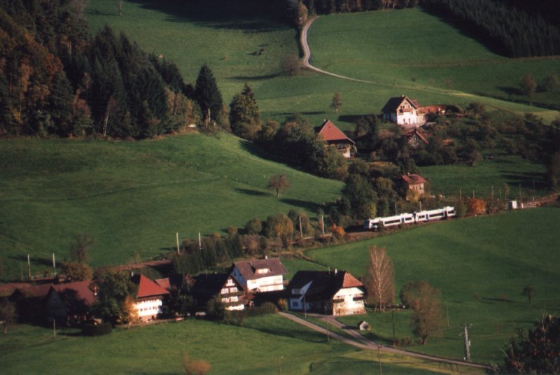 Das Regioshuttle RS1 der  Ortenau-S-Bahn auf der Schwarzwaldbahn III : Zwischen Hausach und Hornberg im Gutachtal, bei Streckenkilometer 40,5  

