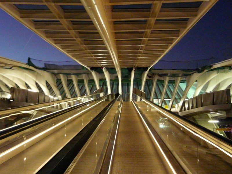 Das Rollband fhrt an einer Seite der Fugngerbrcke zu den Bahnsteigen im Bahnhof von Lige Guillemins. 17.02.08