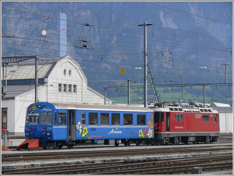 Das wre der krzest mgliche Pendelzug, ohne 1.Klasse und ohne Gepck. ArosaExpress Steuerwagen und Ge 4/4 II 627  Reichenau-Tamins  in Landquart. (15.09.2009) 