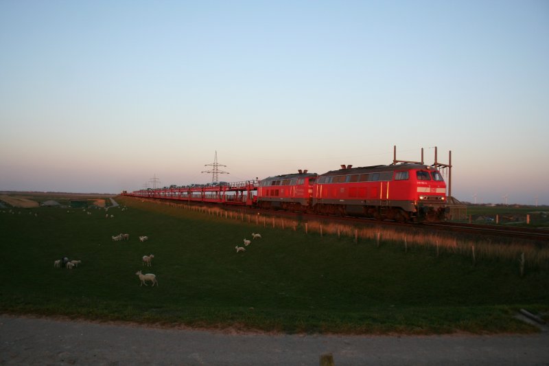 DB 218 182-4 kommt mit einem Autozug aus Richtung Niebll. Hindenburgdamm am 23.4.2008.

