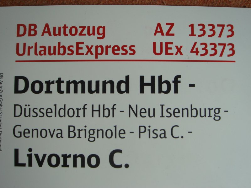 DB AutoZug /UrlaubsExpress 13373/43373 
Dortmund Hbf - Dsseldorf - Pisa - Livorno