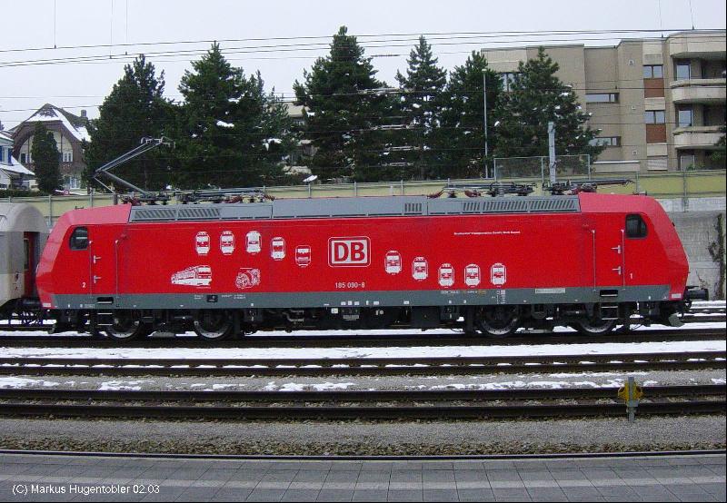 DB Cargo BR 185 090-8 mit Schweiz Paket am 15.02.03 in Spiez