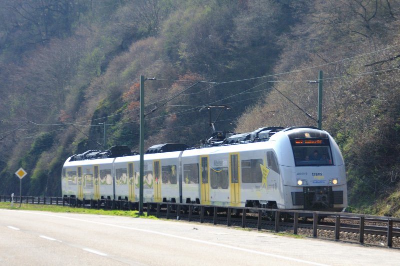 Den linksrheinischen Regionalverkehr mit Bedienung smtlicher Regionalhalte der DB hat seit Dezember 2008 die  EuRailCo  Trans Regio (Deutsche Regionalbahn GmbH) bernommen. Sie setzt bis jetzt als einzigstes, deutsches Privat-EVU die Baureihe 460 ein, hier 460 011-0 unterwegs Richtung Koblenz. (April 2009).