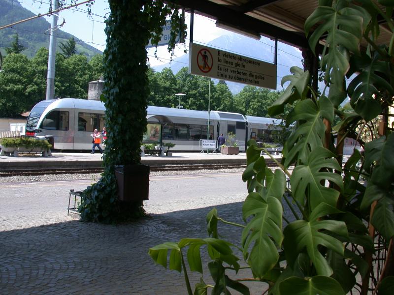 Der Bahnhof Meran verbreitet eine sdlndische Atmosphre oder er macht Werbung fr den botanischen Garten in Schloss Trauttmannsdorf. Der Besuch dieser Grten, wie auch des Touristik-
museeums im Schloss kann ich ihnen wrmstens empfehlen.(12.05.2005)