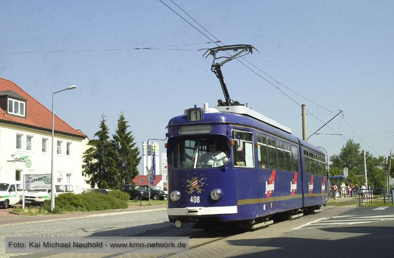 Der Braugold-Wagen 408 war am 6. September als Linie 1 in Gothas Innenstadt unterwegs.