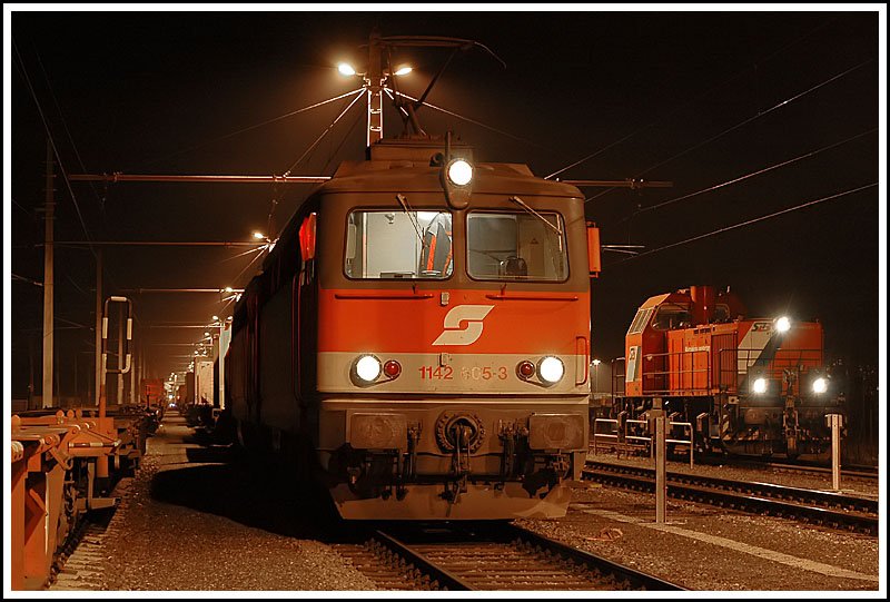 Der ehemalige LTE Containerzug 43938 wird seit Mitte Dezember von RCA in Cooperation mit Railion von Graz nach Neuss mit der Zugnummer G 43936 gefhrt. In der Regel wird dieser Zug von einem Tandem bespannt. Am 11.1.2006 war dies die beiden Maschinen 1142 605 und 1142 625. Die Aufnahme entstand in Kalsdorf Sd kurz vor der Abfahrt nach Neuss.
