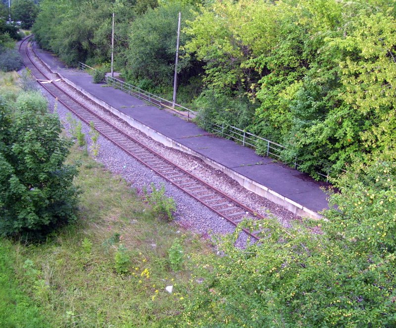 Der ehemalige S-Bahn Haltepunkt Berliner Strae am 09.07.2007 in Erfurt. Im Einsatz waren hier Doppelstockwendezge, die von Lokomotiven der DR Baureihe 110 gezogen wurden. Der Betrieb der Erfurter S-Bahn wurde im Mai 1995 eingestellt.