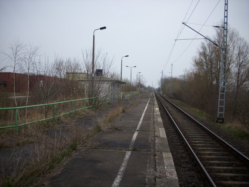 Der frhre Haltepunkt Mukran-West am 11.04.2008.Hier hielt der Berufszug von und nach Bergen/Rgen.Das Streckengleis ist das Zufahrtgleis zum Fhrhafen.