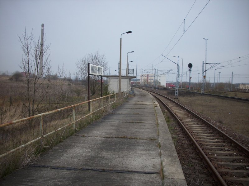 Der Haltepunkt Mukran-Mitte am 11.04.2008.Auch hier hielt der Berufszug von und nach Bergen/Rgen.Rechts im Hindergrund befindet sich die Einsatzstelle Mukran.Ab und zu stehen Loks abgestellt direkt am Bahnsteig !