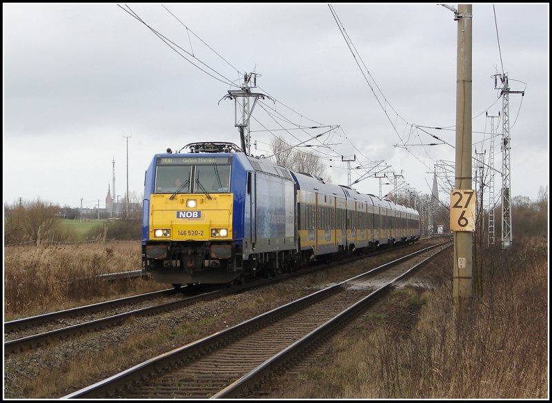Der InterConnex mit der BR 146 520 aus Warnemnde nach Leipzig. Der Zug  wurde am 4.2.07 kurz nach verlassen des Rostocker hbf´s aufgenommen