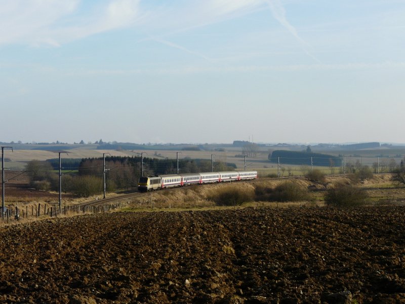 Der IR 116 aus Richtung Troisvierges, fhrt durch die hglige Landschaft Luxemburgs nach Gouvy, kurz bevor er die Grenze nach Belgien berquert. Auf diesem Streckenabschnitt verkehrt nur alle 2 Stunden ein Zug in beide Richtungen. 23.02.08