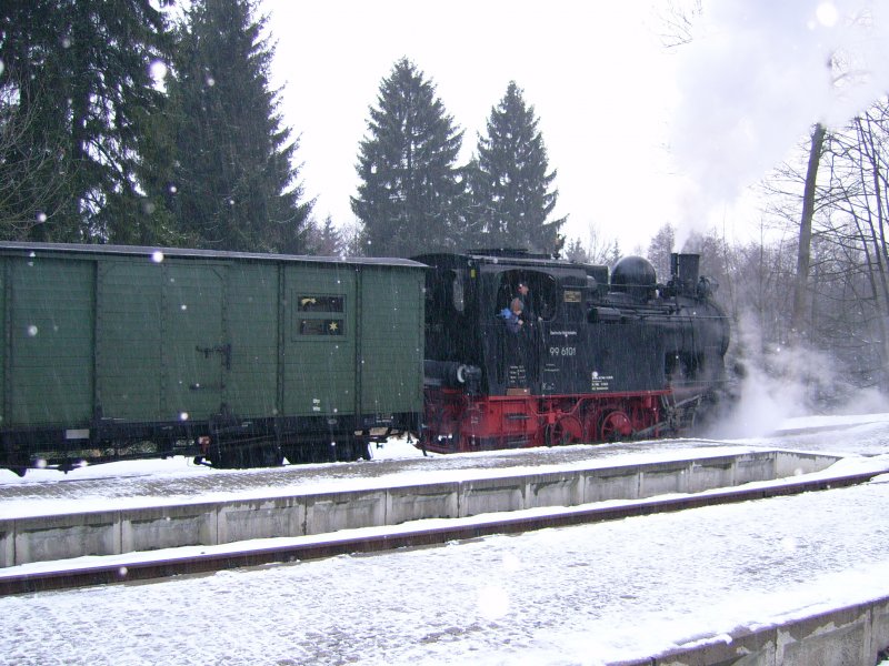 Der Kirstallexpress mit der Pfiffi fhrt Richtung Benneckenstein aus Drei Annen Hohne aus, 2.2.2008