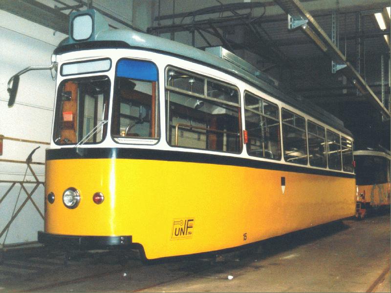 Der letzte in Ulm verbliebene Triebwagen vom Typ GRW 4 der Maschinenfabrik Esslingen. Bis ca. 1985 standen zwlf dieser Fahrzeuge in Ulm im Regelbetrieb. Heute fhrt der GRW 4 nur noch zu Sonderfahrten aus.