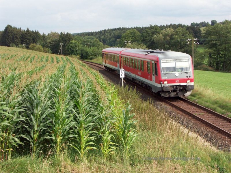 Der Mais ist hochgeschossen bei Selbitz, KBS 857. 628 425 fährt nach Bad Steben durchs Land.