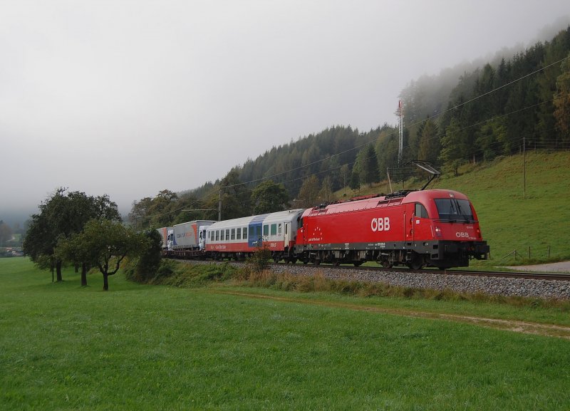 Der Morgennnebel hat sich gerade etwas verzogen
als die 1216 016 mit einer umgeleiteten Rola
am 26.09.2009 in der Ortschaft Schn 
durchgerollt ist.