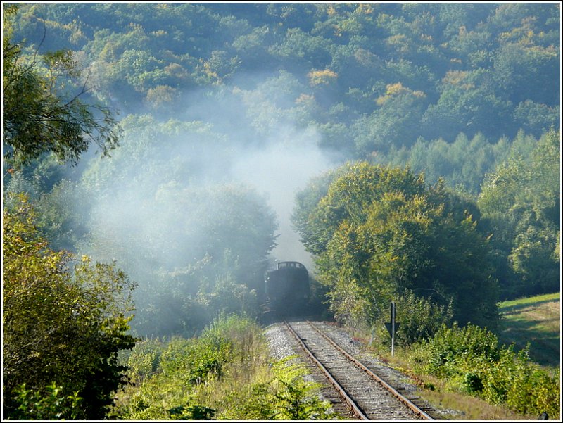 Der Museumszug verschwindet in der schnen herbstlichen Landschaft rundum die Strecke Mariembourg-Treignes (Ligne 132). Diese Strecke ist 14 km lang und wie schon der Name  Chemin de Fer  vapeur des 3 valles  sagt, fhrt sie durch die Tler der 3 Flsse: Eau Blanche, Eau Noire und Viroin. 28.09.08 (Jeanny) 